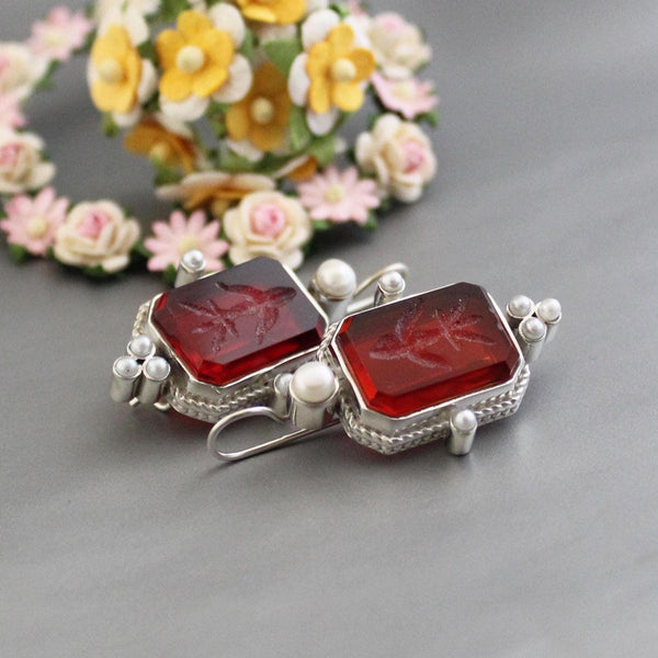 Red Intaglio Earrings, Bridal Carved Glass Drops, Gold