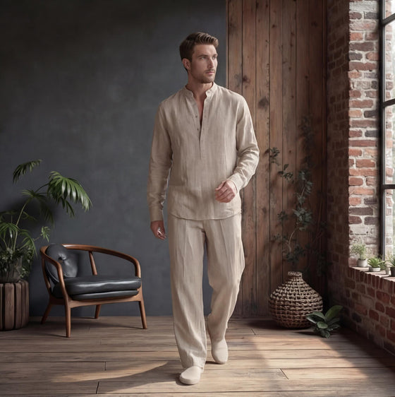 Men's Mandarin Collar Linen Shirt, Modern Fit