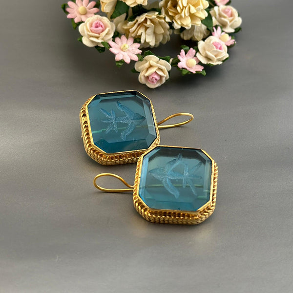 Blue Intaglio Statement Earrings, Bridal Gold