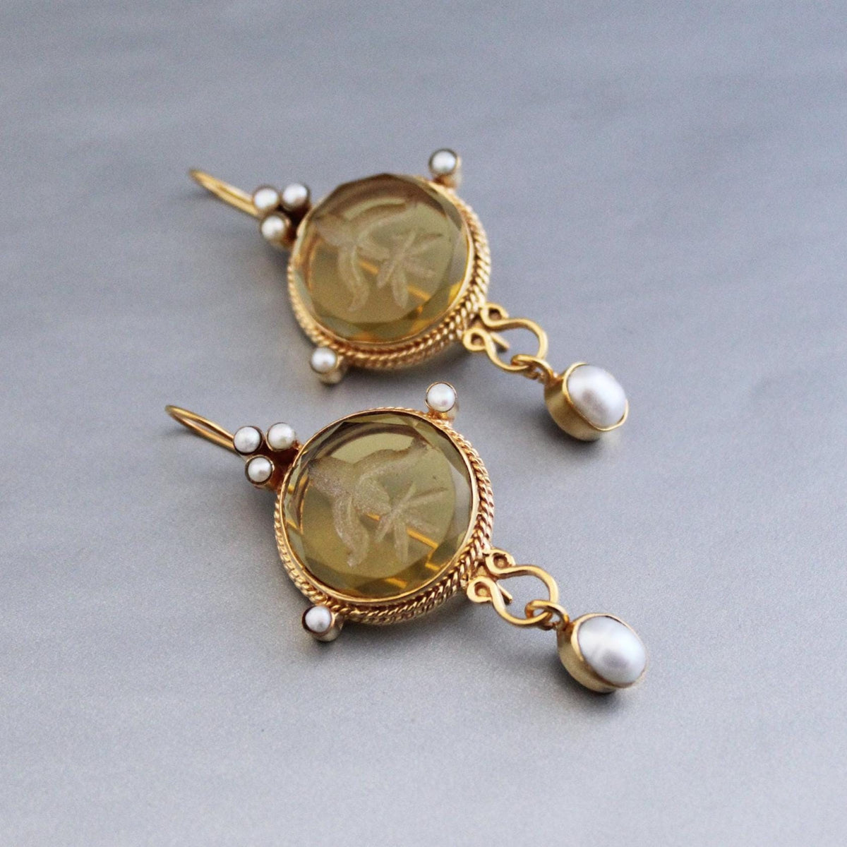 Fleur-de-lis Intaglio Earrings, Victorian Style, 14K Gold