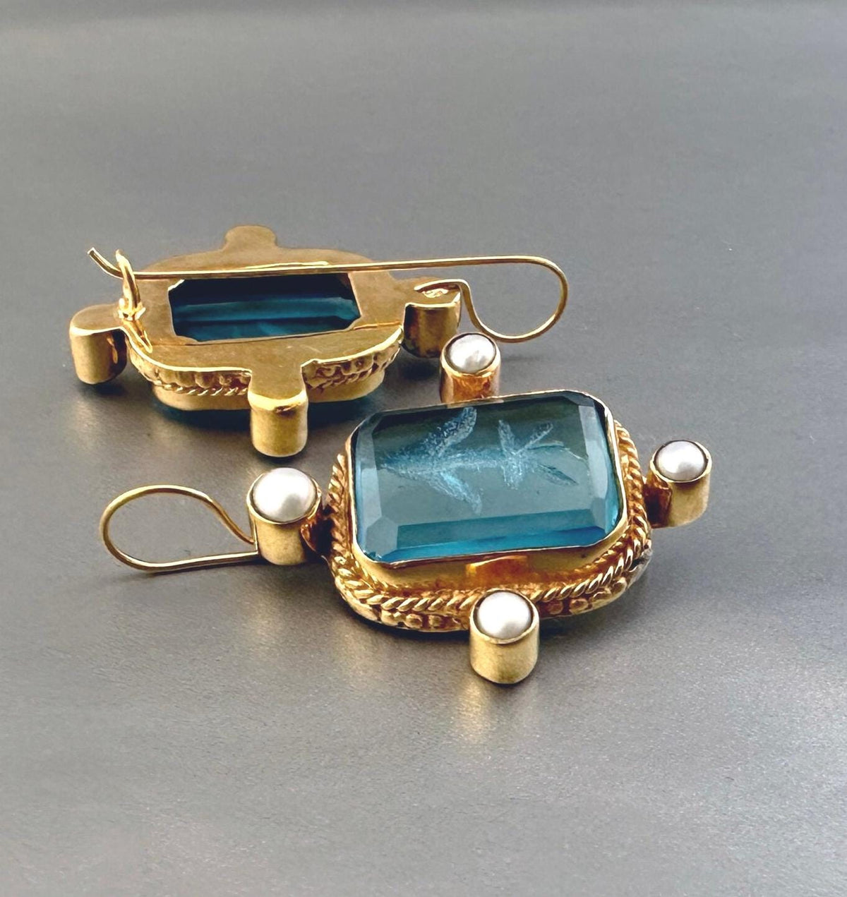Blue Rectangular Intaglio Earrings, Something Blue Bridal, Gold Plated, photo 6