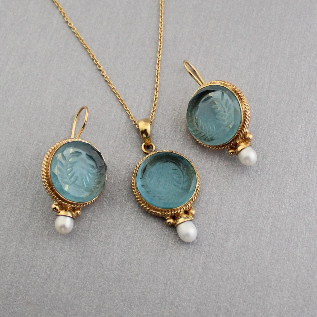 Blue Laurel Intaglio Necklace and Earrings Set, Pearl Drops, Gold Tone