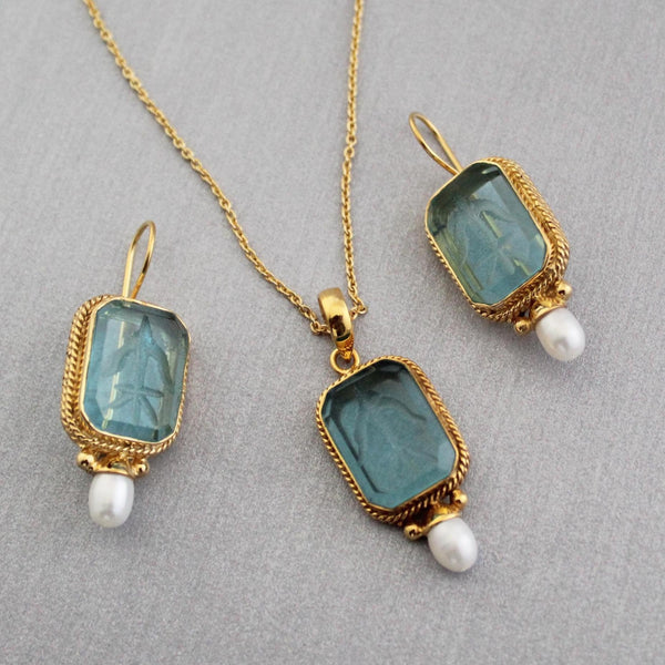 Blue Intaglio Pendant Necklace and Earrings Set, Pearl Drops, Gold Tone