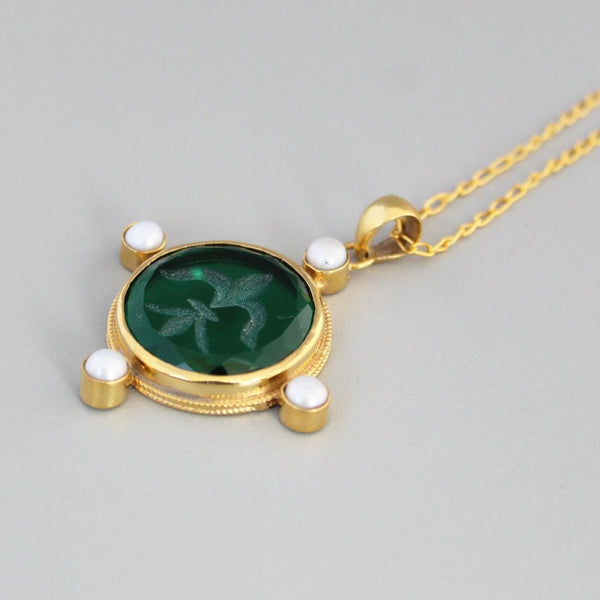 Green Intaglio Necklace, Victorian Cameo Pendant