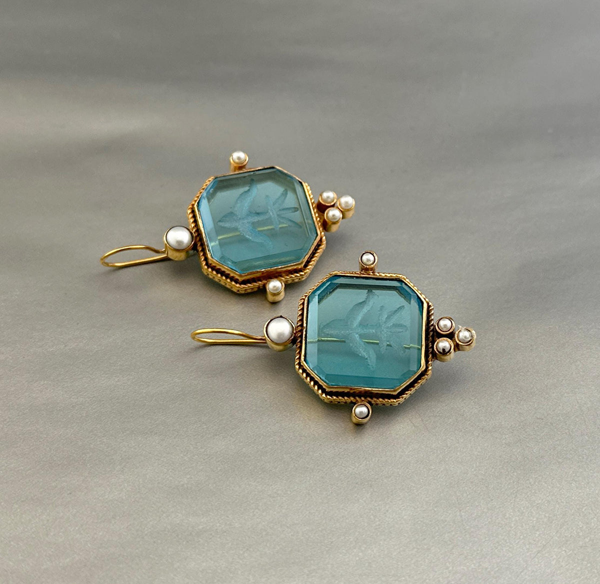 Blue Square Intaglio Earrings, Greek Roman Style, Gold Plated, photo 6