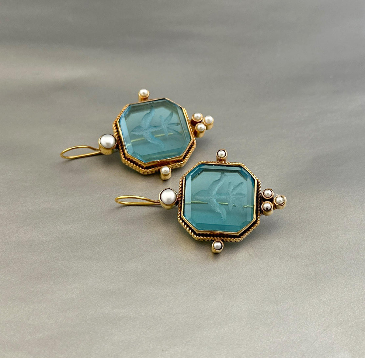Blue Square Intaglio Earrings, Greek Roman Style, Gold Plated, photo 14