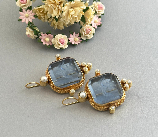 Blue Glass Intaglio Earrings, Victorian Style with Pearls, Gold Brass