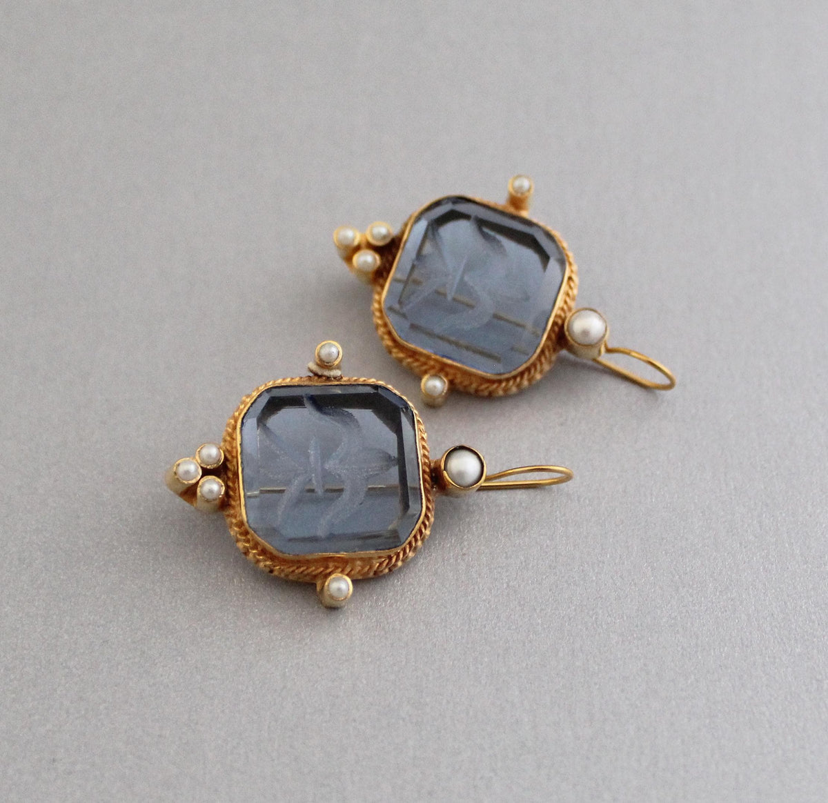 Blue Glass Intaglio Earrings, Victorian Style with Pearls, Gold Brass, photo 2
