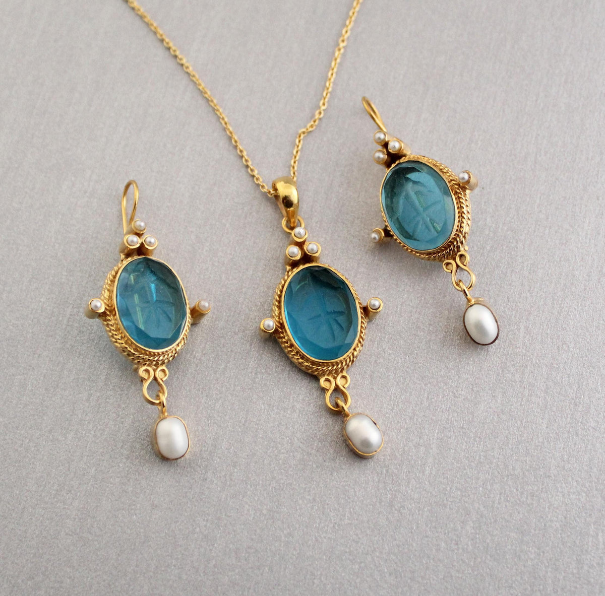 Blue Intaglio Earrings and Pendant Set, Long Vintage Gold