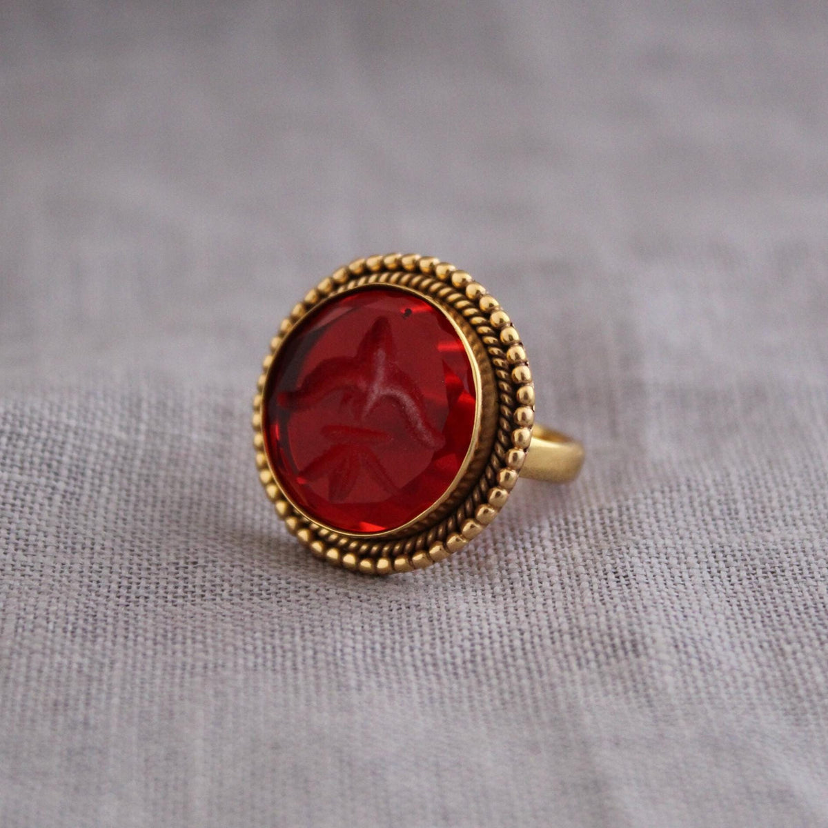 Red Fleur-de-lis Intaglio Ring, Victorian Cocktail Ring, photo 3