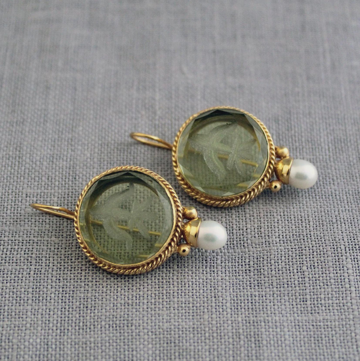 Olive Green Intaglio Crystal Earrings, Art Deco Style, Gold and Pearl, photo 6
