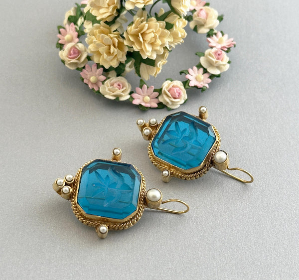 Blue Glass Intaglio Earrings, Antique Greek Style, 18K Gold Over Brass
