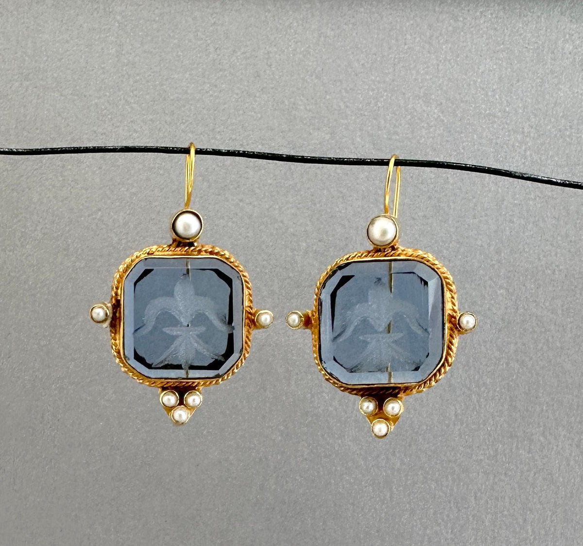 Blue Glass Intaglio Earrings, Victorian Style with Pearls, Gold Brass, photo 6