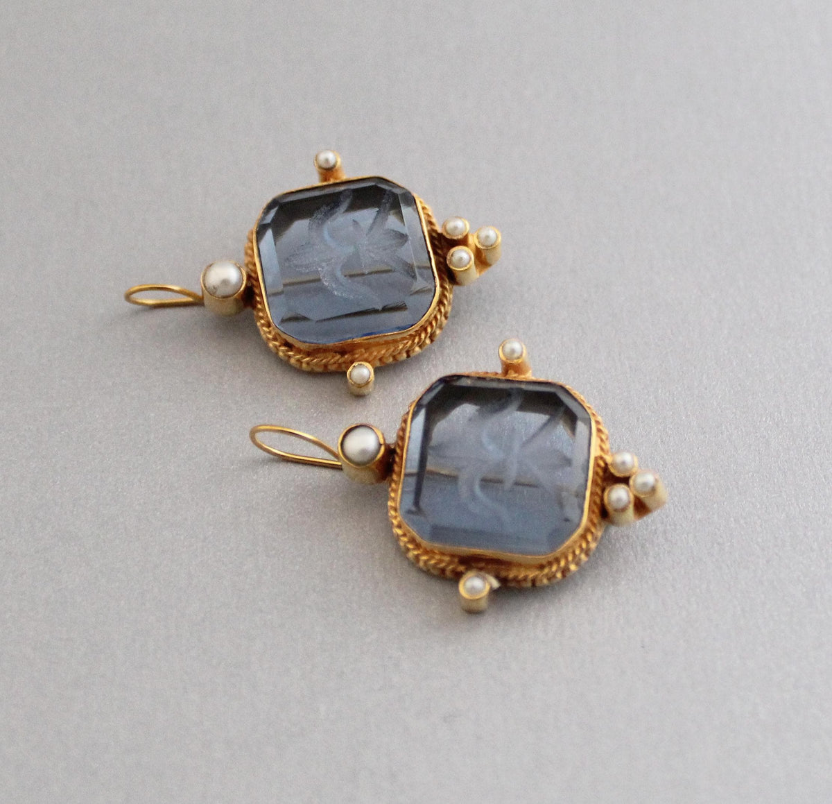 Blue Glass Intaglio Earrings, Victorian Style with Pearls, Gold Brass, photo 9