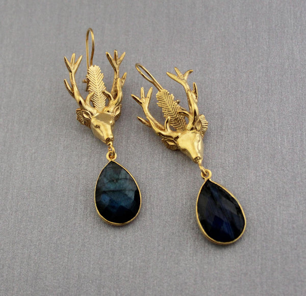 Labradorite Stag Head Earrings, Victorian Long Drops, Gold Tone