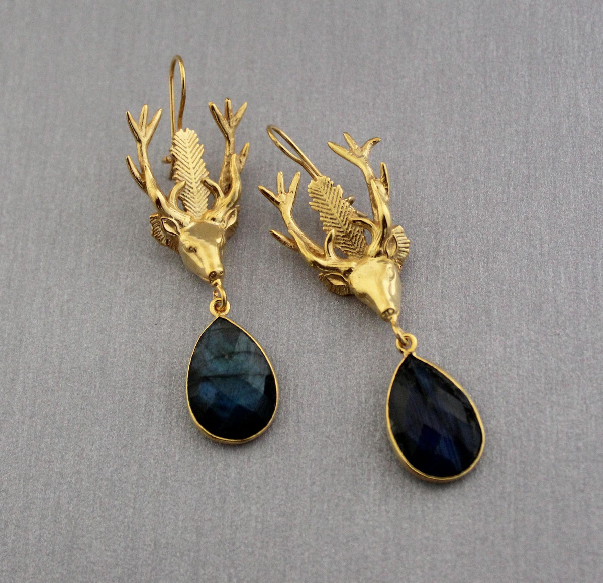 Labradorite Stag Head Earrings, Victorian Long Drops, Gold Tone