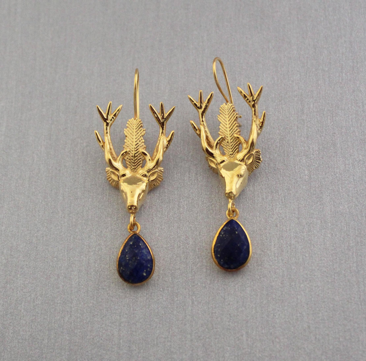 Lapis Lazuli Stag Head Earrings, Victorian Gold Drops, photo 3