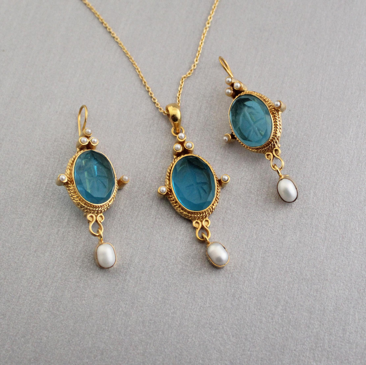 Blue Intaglio Earrings and Pendant Set, Long Vintage Gold, photo 4