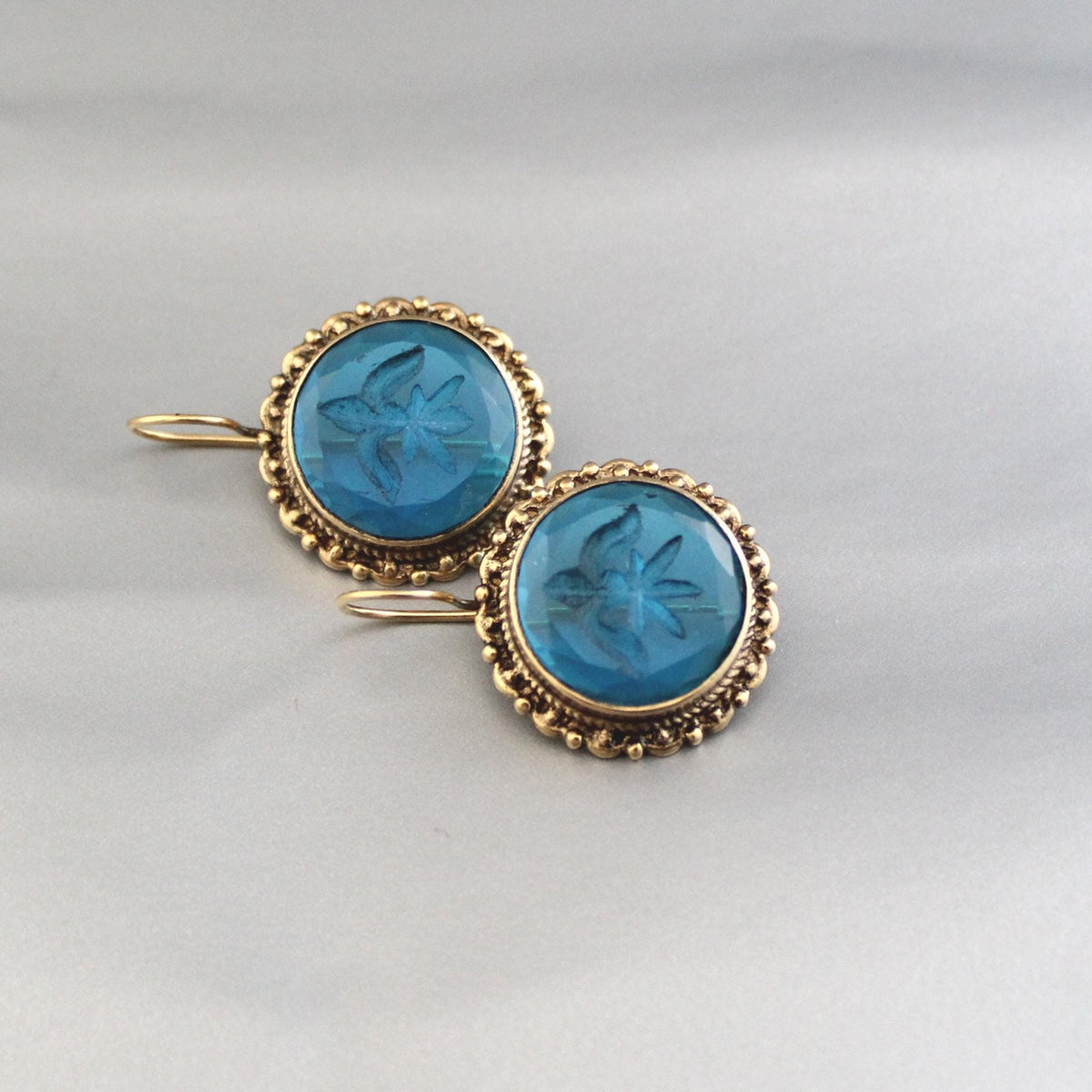 Blue Glass Intaglio Earrings, Victorian Art Deco Style, Brass