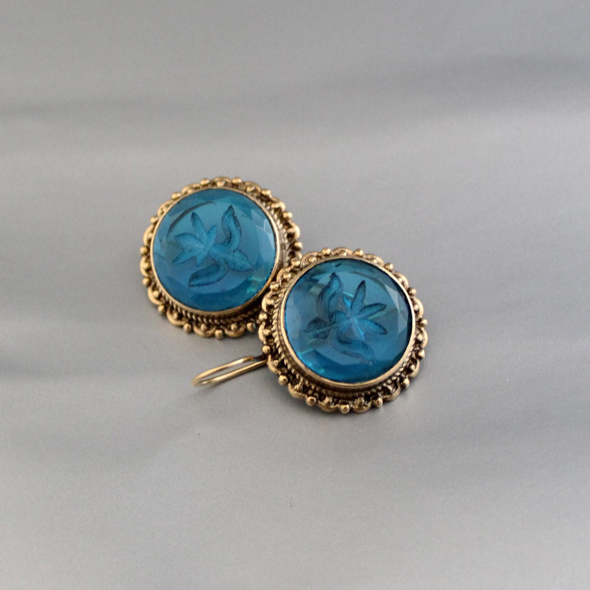 Blue Glass Intaglio Earrings, Victorian Art Deco Style, Brass, photo 12