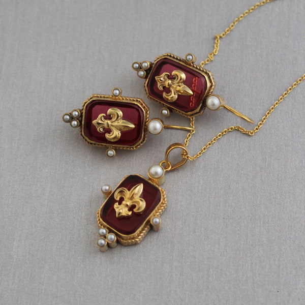 Red Intaglio Necklace and Earrings Set, Victorian Cameo Pendant, Gold Plated