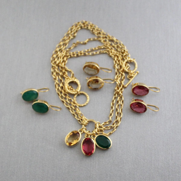 Colourful Crystal Pendant Necklace with Three Pairs of Earrings, Gold