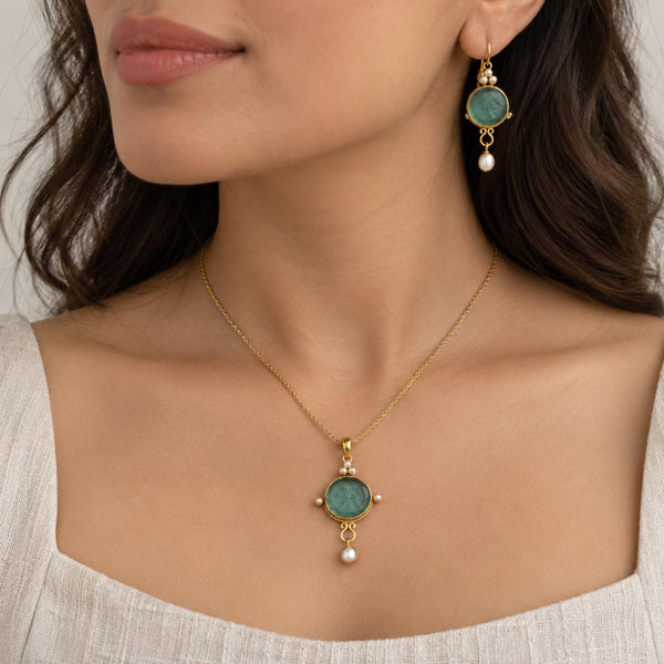 Green Intaglio Necklace and Earrings Set, Roman Greek Style, Gold