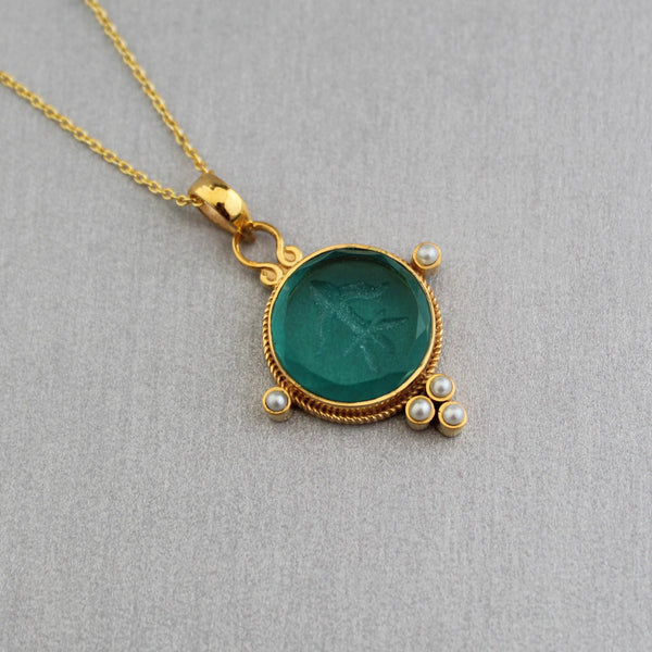 Green Glass Intaglio Necklace, Greek Roman Style Gold Pendant