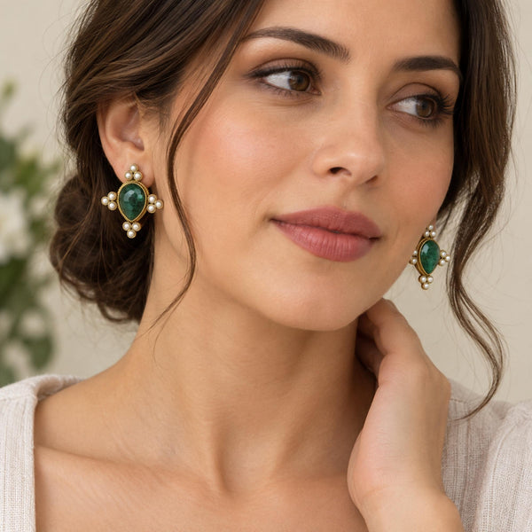 Emerald Intaglio Stud Earrings, Art Deco Edwardian Style, Gold Vermeil
