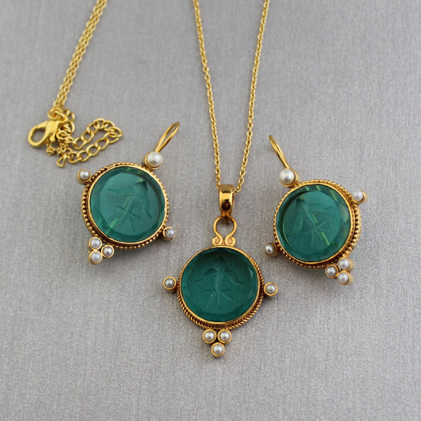 Green Emerald Intaglio Necklace and Earrings Set, Greek Roman Style, Gold