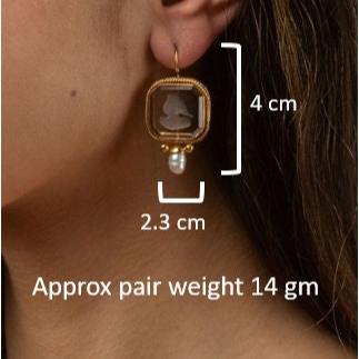 Blue Glass Intaglio Earrings, Victorian Pearl Drops, Gold Vermeil, photo 3