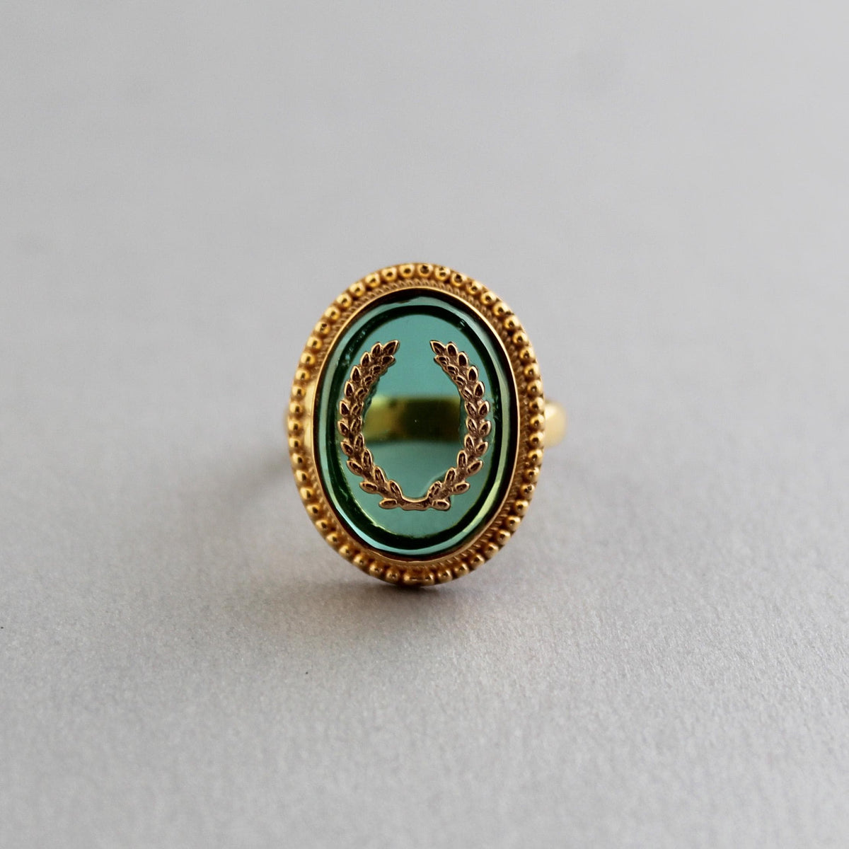 Green Intaglio Cocktail Ring, Victorian Signet Style, Gold Plated, photo 4