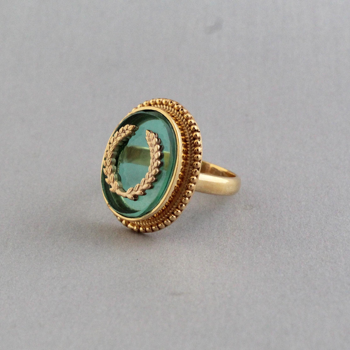 Green Intaglio Cocktail Ring, Victorian Signet Style, Gold Plated, photo 9