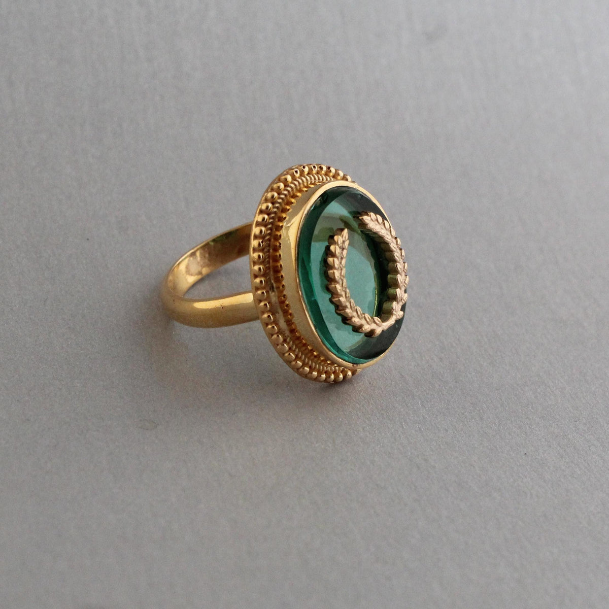 Green Intaglio Cocktail Ring, Victorian Signet Style, Gold Plated, photo 7