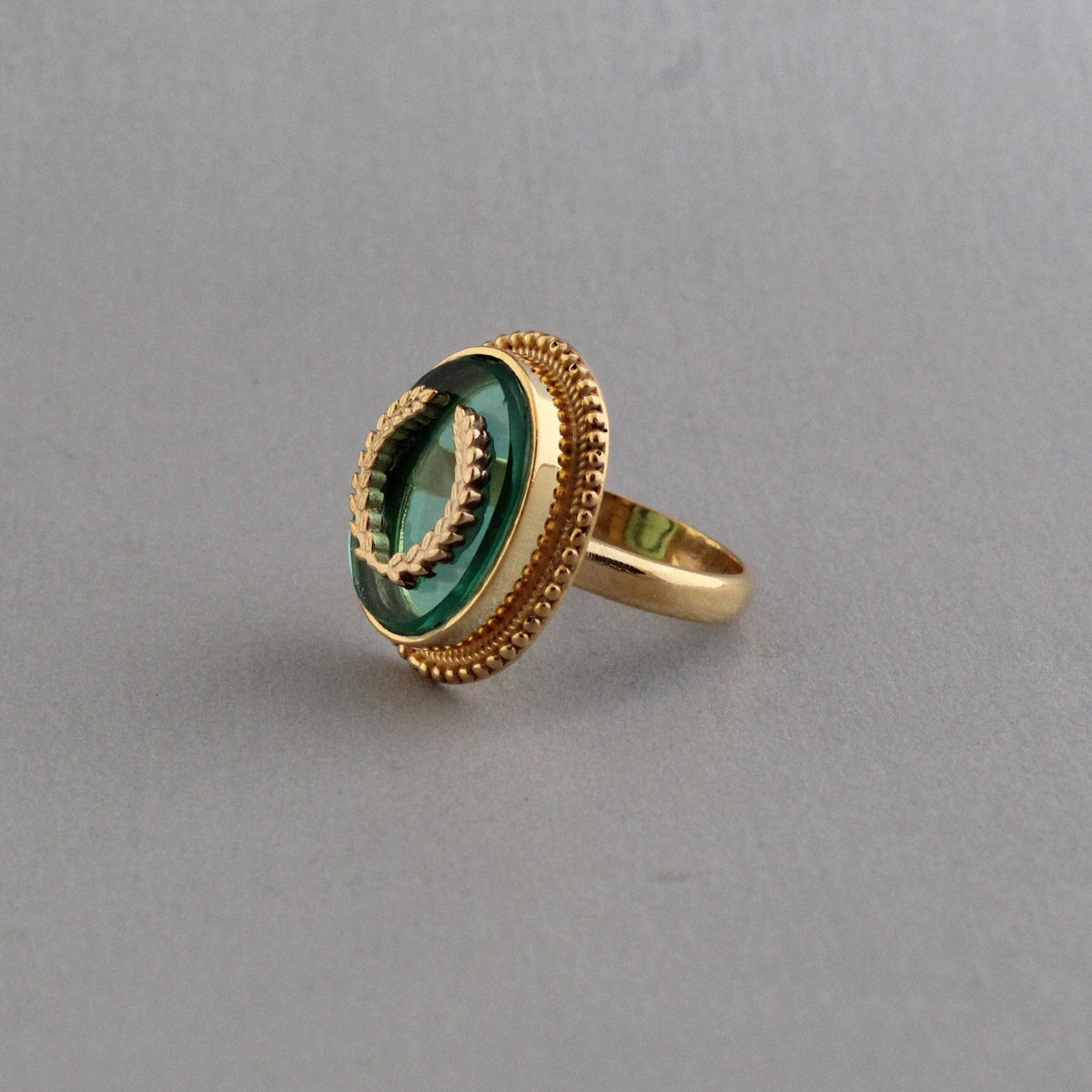 Green Intaglio Cocktail Ring, Victorian Signet Style, Gold Plated, photo 11