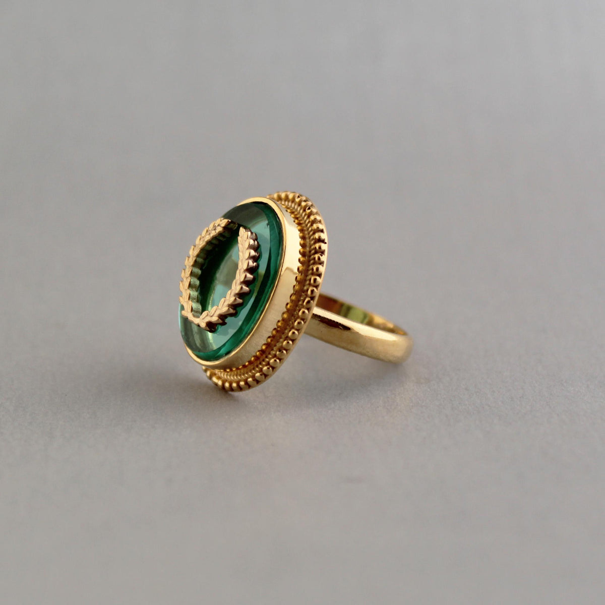 Green Intaglio Cocktail Ring, Victorian Signet Style, Gold Plated, photo 13