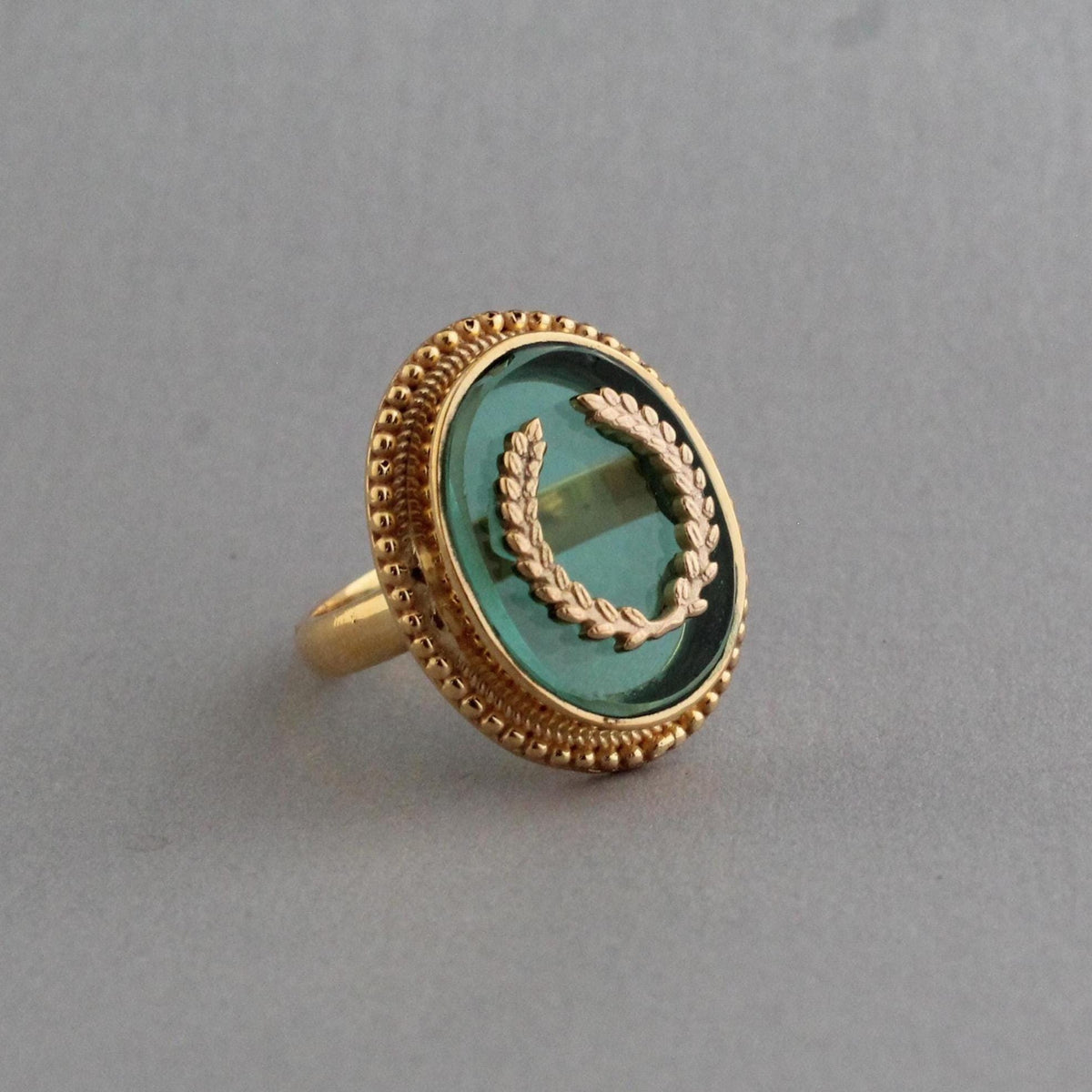 Green Intaglio Cocktail Ring, Victorian Signet Style, Gold Plated