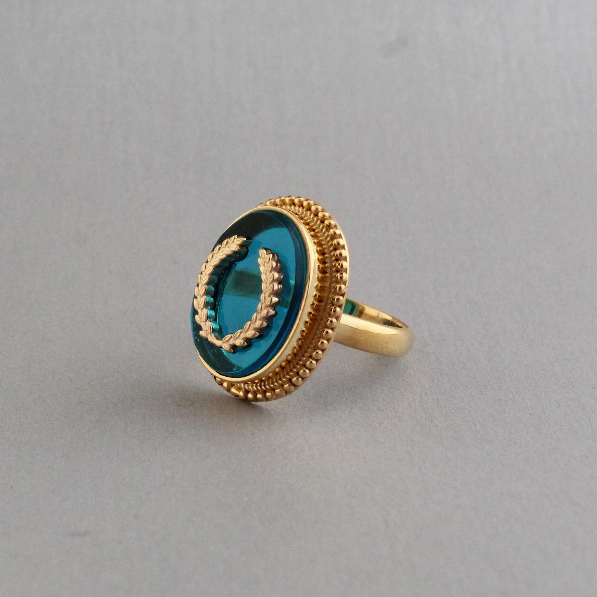 Blue Glass Intaglio Cocktail Ring, Carved Glass Signet, Gold Plated, photo 3