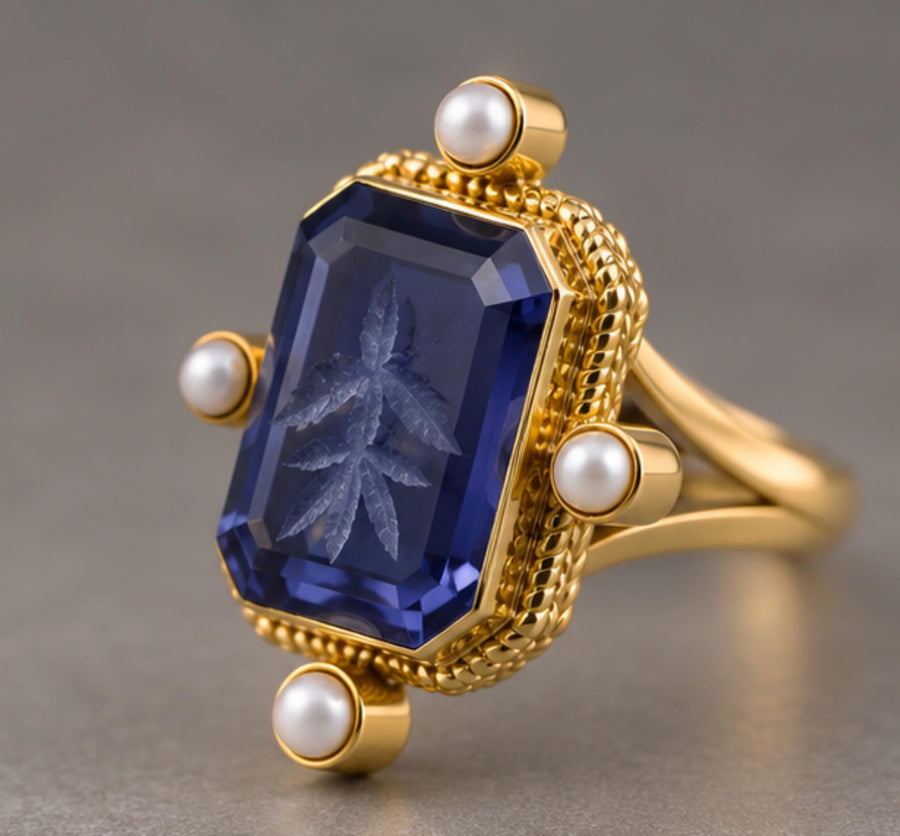 Blue Intaglio Statement Ring, Victorian Style with Pearls