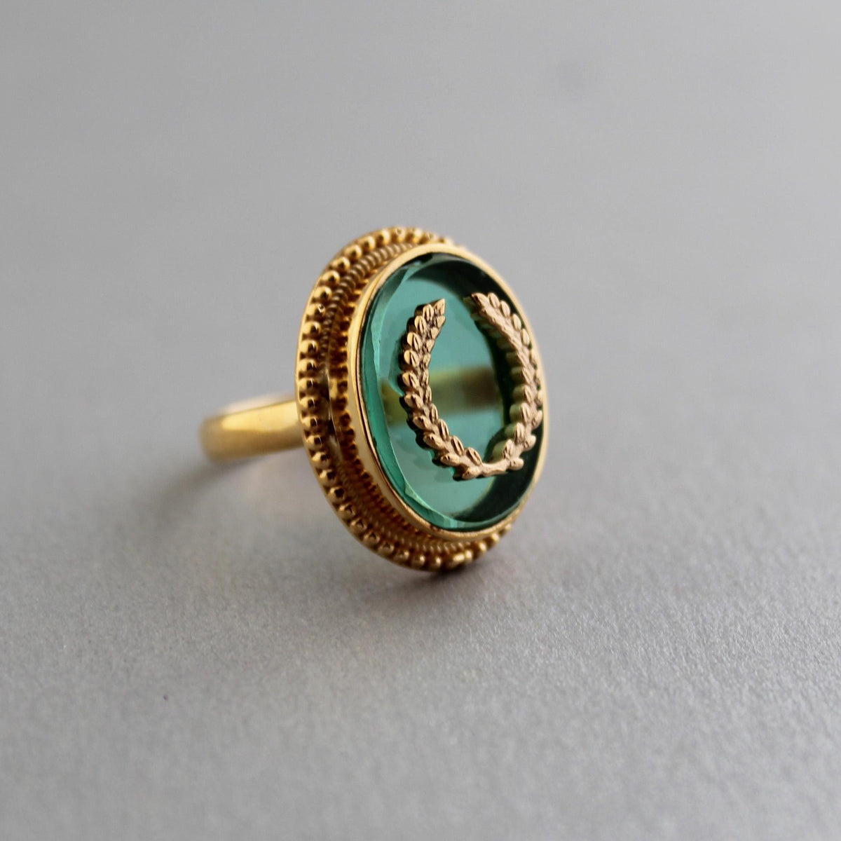 Green Intaglio Cocktail Ring, Victorian Signet Style, Gold Plated, photo 5