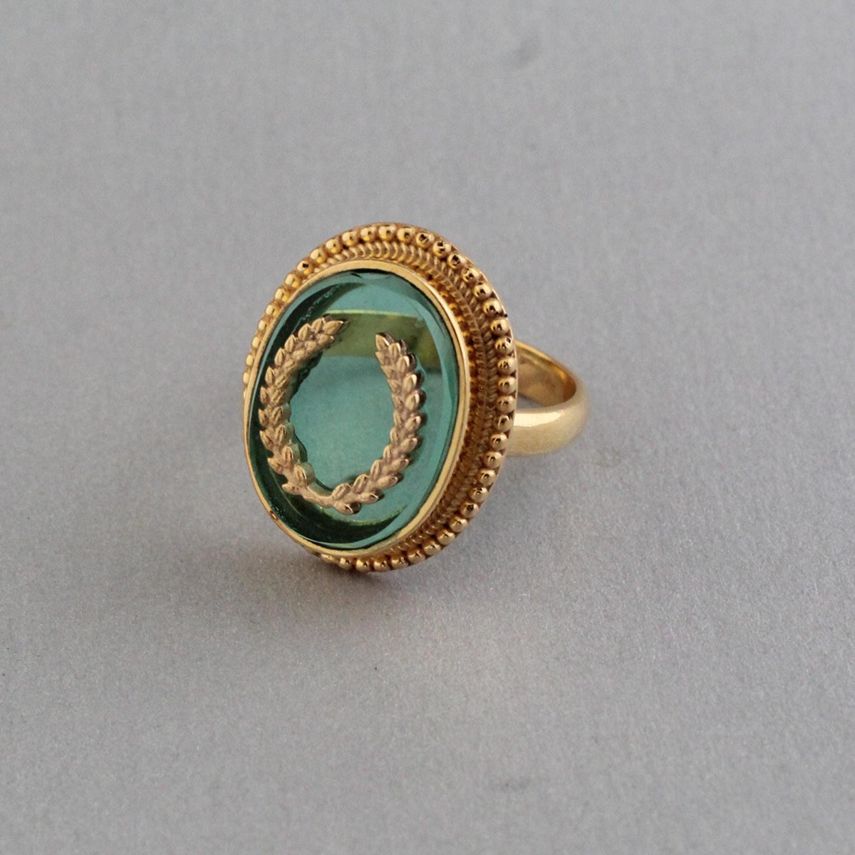 Green Intaglio Cocktail Ring, Victorian Signet Style, Gold Plated, photo 10