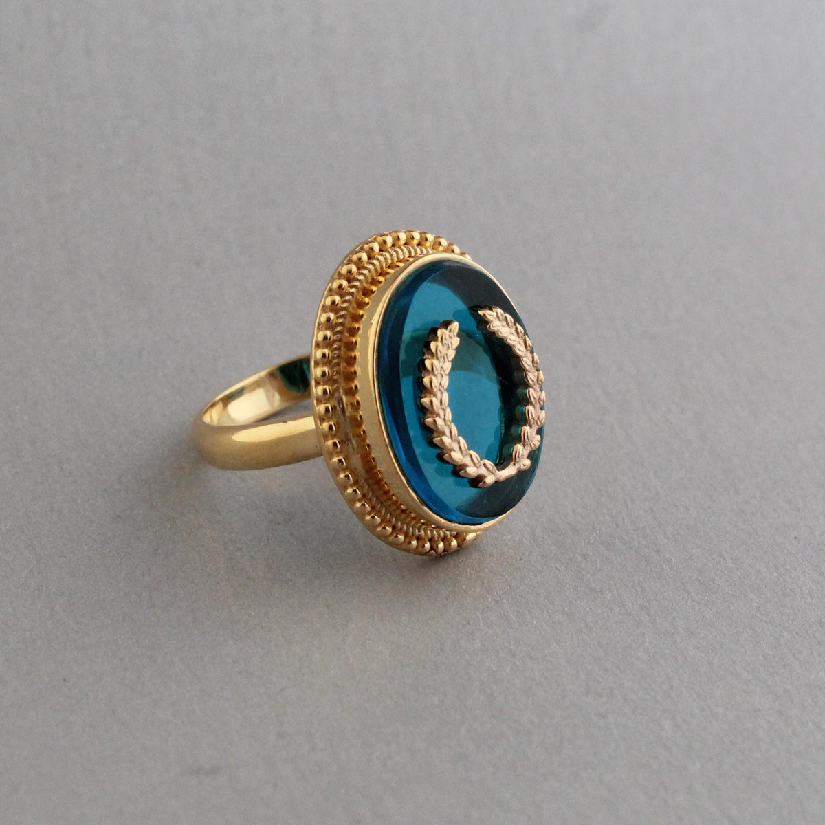 Blue Glass Intaglio Cocktail Ring, Carved Glass Signet, Gold Plated, photo 4