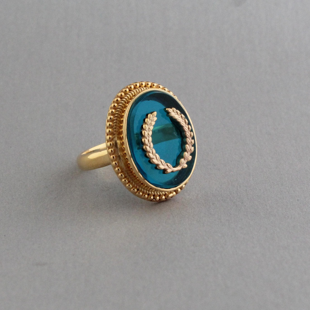 Blue Glass Intaglio Cocktail Ring, Carved Glass Signet, Gold Plated