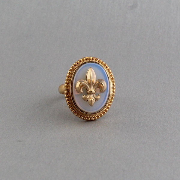 Opal Glass Intaglio Cocktail Ring, Victorian Signet, Gold Vermeil