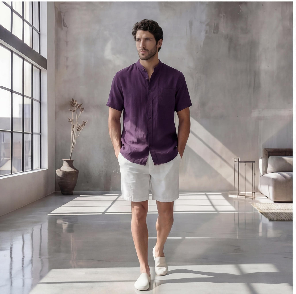 Men's Short Sleeve Linen Shirt, Solid Color: man in Dark Plum shirt, hands in shorts pockets, walking