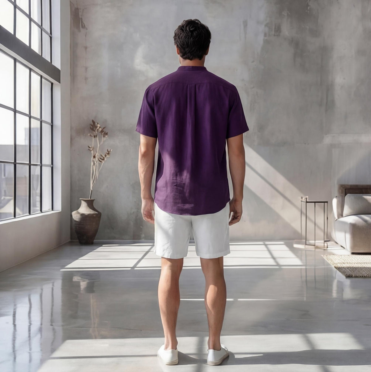 Men's Short Sleeve Linen Shirt, Solid Color: man in Dark Plum shirt and white shorts, back view