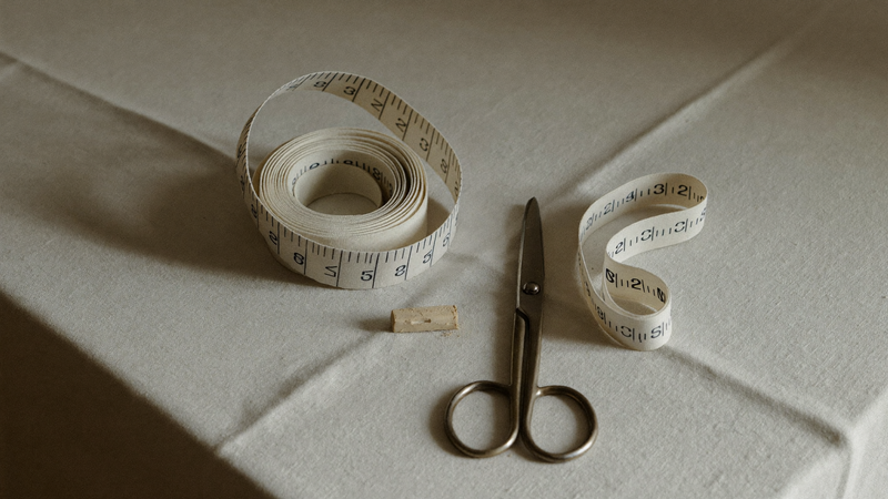 A cloth tailor's measuring tape, small shears and a stub of tailor's chalk resting on natural linen.