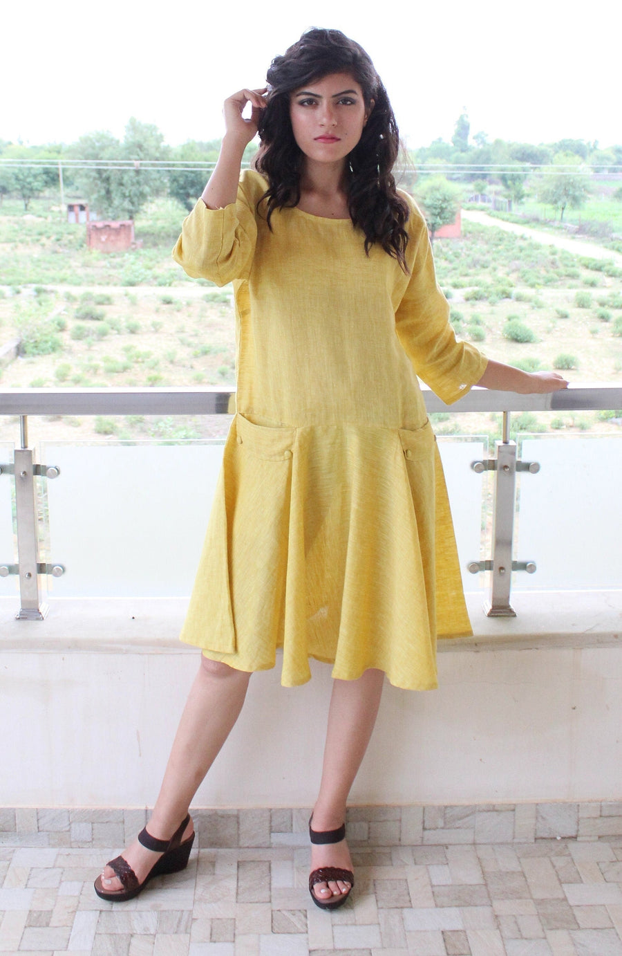 Linen midi shift dress with pockets, made to order