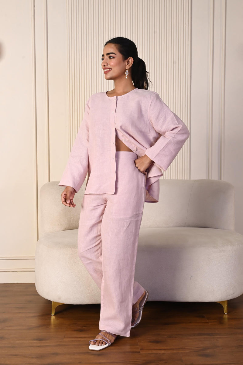 Linen two piece set with oversized shirt and wide leg pants