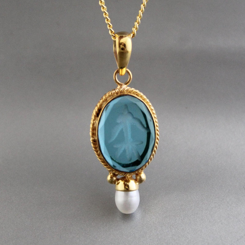 Blue glass intaglio pendant necklace with a pearl